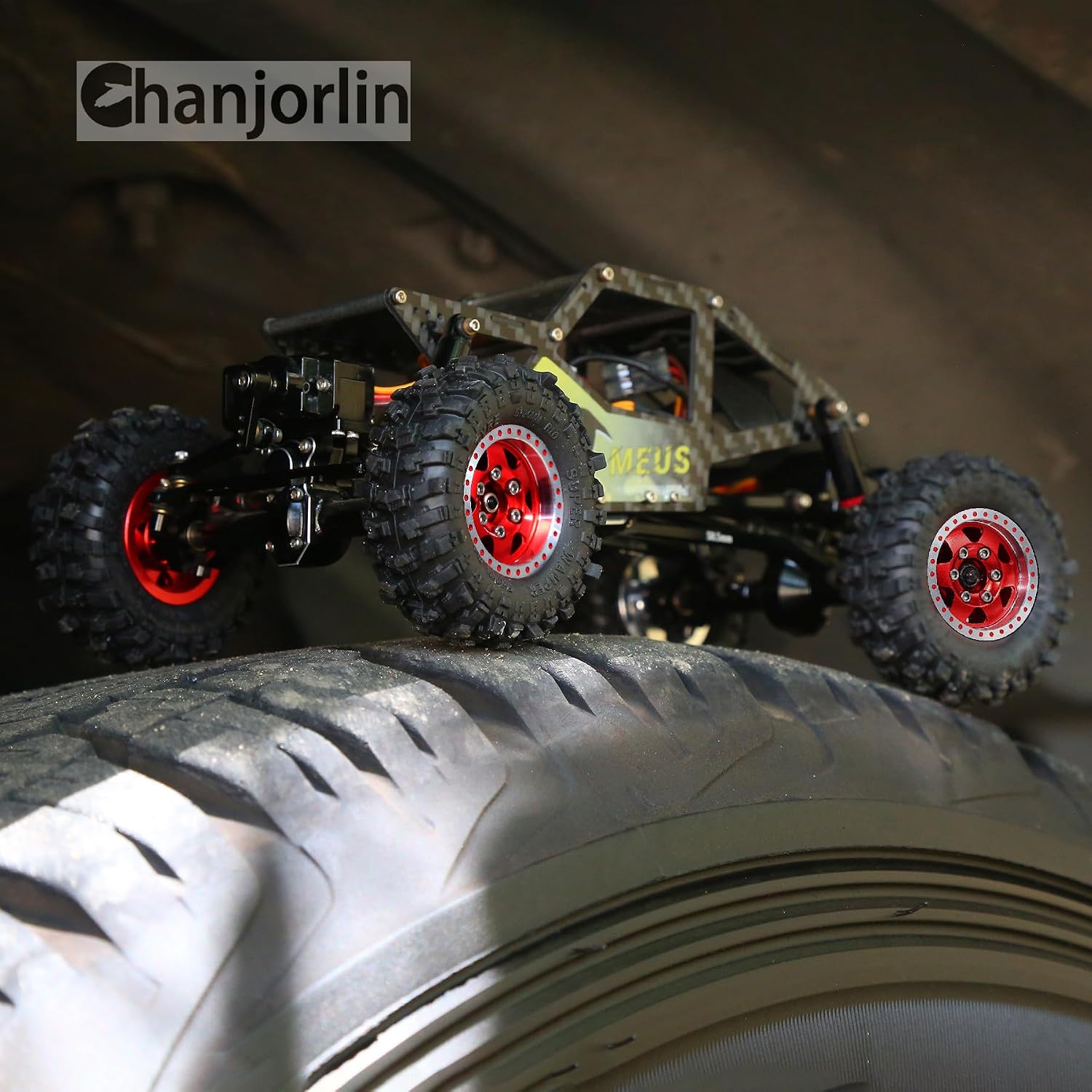 1.0 RC Tires and Beadlock Wheels Rims Offset -2.5mm 1/24 1/18 Super Soft Sticky Mud Slingers Tyres for 1:24 1:18 Rock Crawler Car Axial SCX24 FMS AX24 FCX18 FCX24 TRX4M 4Pcs (Red)