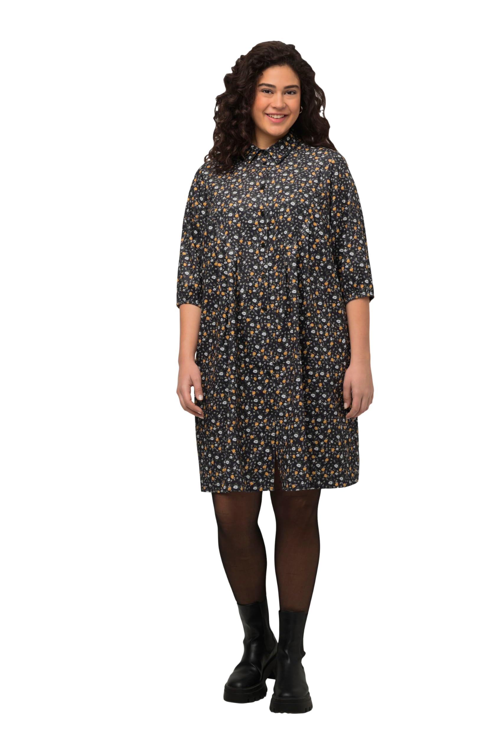 Ulla Popken Damen große Größen Übergrößen Plus Size Cordkleid, Blüten, A-Linie, Hemdkragen, 3/4-Arm 824218
