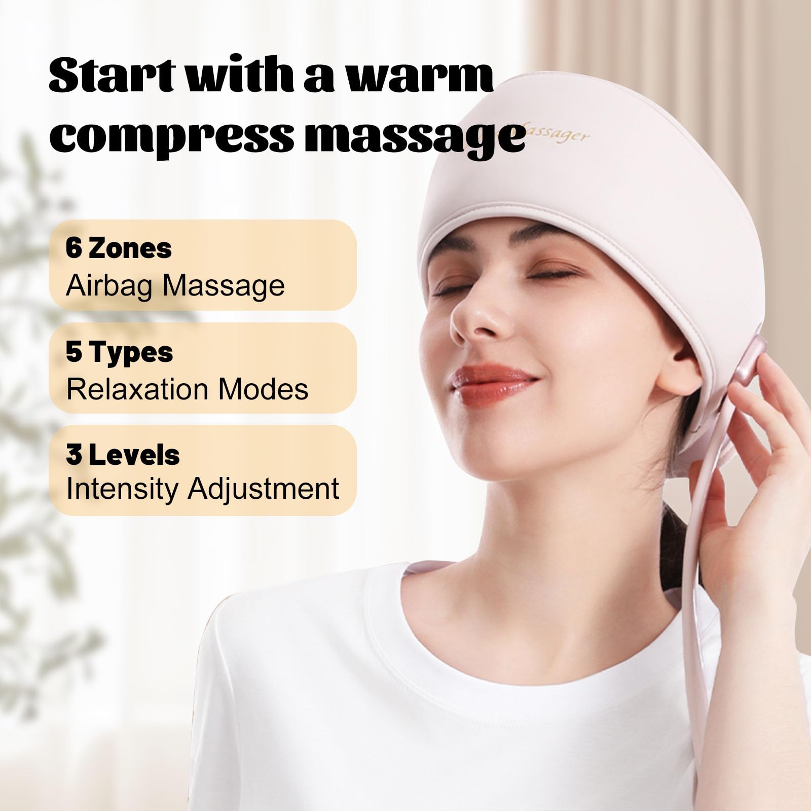 Masseur de Tête Électrique - Appareil Massage Cuir Chevelu - 6 Coussins Gonflables, 3 Niveaux de Chaleur (40-50°C), 5 Modes, 3 Intensités pour une Relaxation Totale.