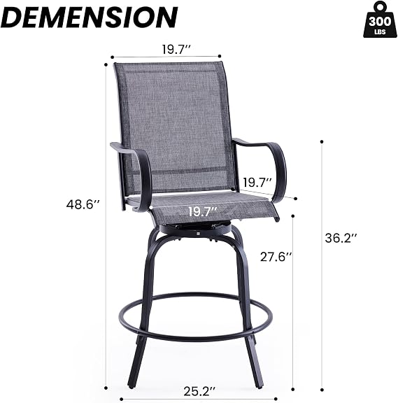 Patio Swivel Bar Stools Set of 2,All-Weather Outdoor High Bistro Stools with Textilene Fabric for Outside, Beach, Lawn, Poolside and Garden (Black/Grey)