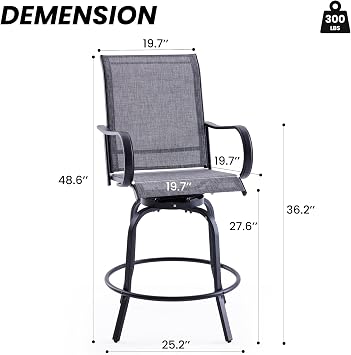 Patio Swivel Bar Stools Set of 2,All-Weather Outdoor High Bistro Stools with Textilene Fabric for Outside, Beach, Lawn, Poolside and Garden (Black/Grey)