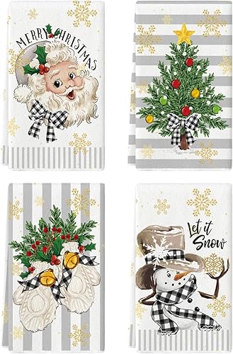 Miniatura 1 de Artoid Mode Juego de 4 toallas de cocina con diseño de árbol de Navidad de Papá Noel, muñeco de nieve, color gris, 18 x 26 pulgadas, decoración