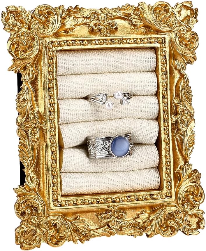 FINGERINSPIRE Vintage Ring Holder 4x3.2x0.9inch Rectangle Jewelry Rings Display Frame 5 Slots Gold Resin Frame Stand with Antique White Cloth Lining for Ring Jewelry Organizer Photography Supply