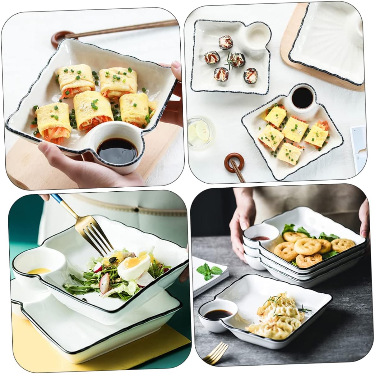 2Pcs Ceramic Sushi Plates Japanese Dumpling Tray with Dipping Dish Food Serving Snack Tray for Home Use Elegant Porcelain Tableware