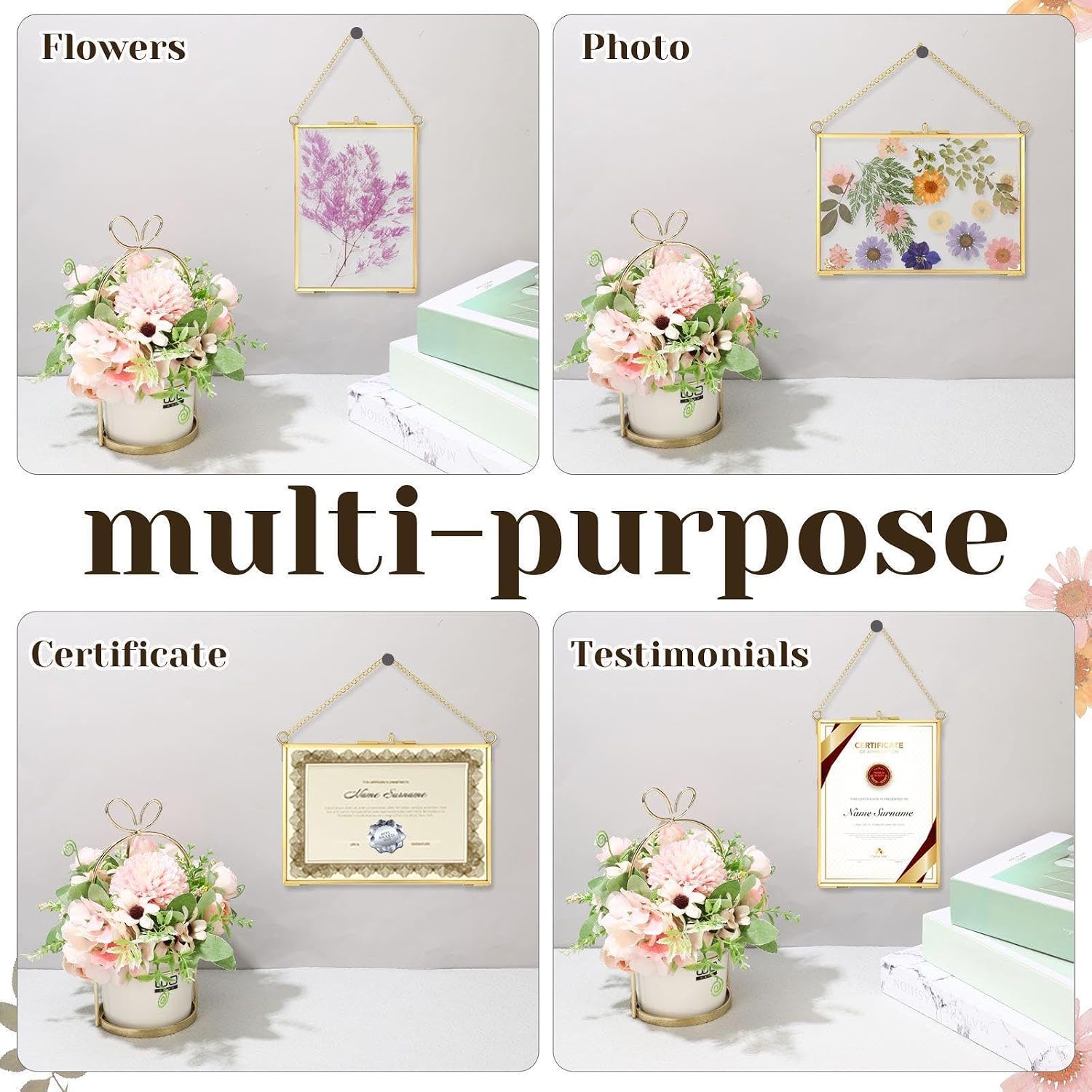 Treela 6 Pieces Pressed Flower Frames Brass Double Glass 5 x 7 Inch Wedding Gold Floating Hanging Photo Clear Horizontal and Vertical Frames with Chain for Gallery Pictures Vintage Artwork Display