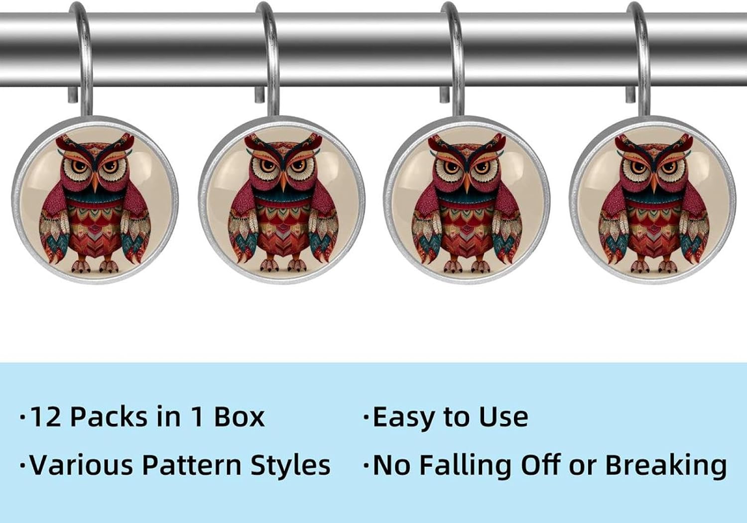 12PCS Ethnic Tribal Cartoon Animal Owl (1) Shower Curtain Hooks Metal Rust Resistant Decorative Shower Curtain Hooks Bathroom Decorations