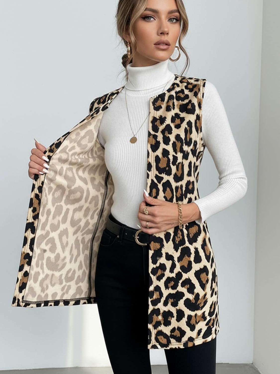 Women's Leopard Print Long Vest Vintage Open Front Sleeveless Dressy Casual Vest Jacket Outerwear - Image 3