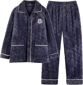 2-Piece Mens Pajamas Set Long Sleeve Loungewear Flannel Thicken Quilted 3 Layer Sleepwear Button-Down Pj Set