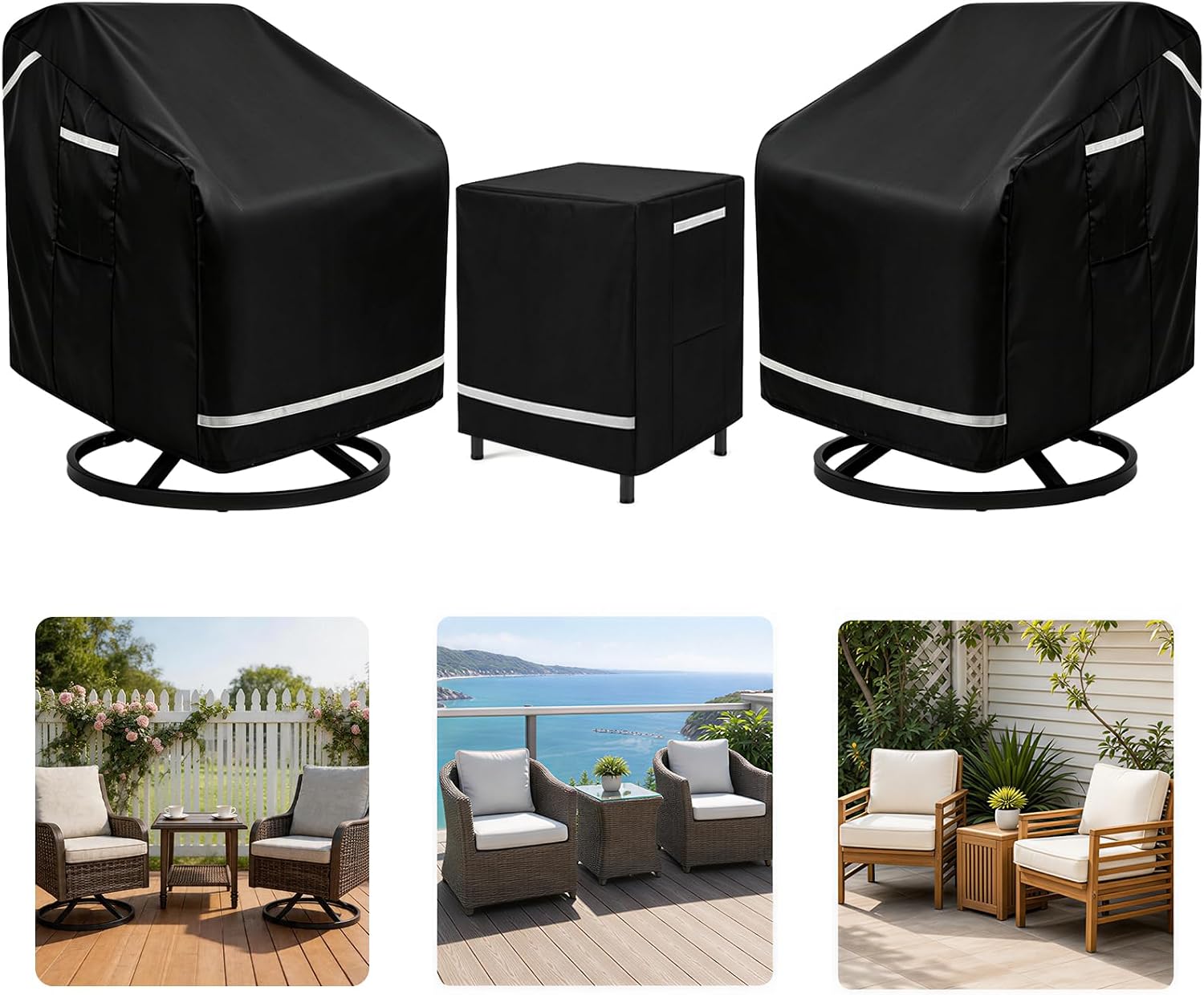 3 Piece Patio Furniture Covers for 2 Chairs and Side Table 37"W x 38"Dx39"H | Heavy Duty Outdoor Chair Covers Waterproof, UV Resistant Outdoor Rocking Chair Covers with Reflective Strips