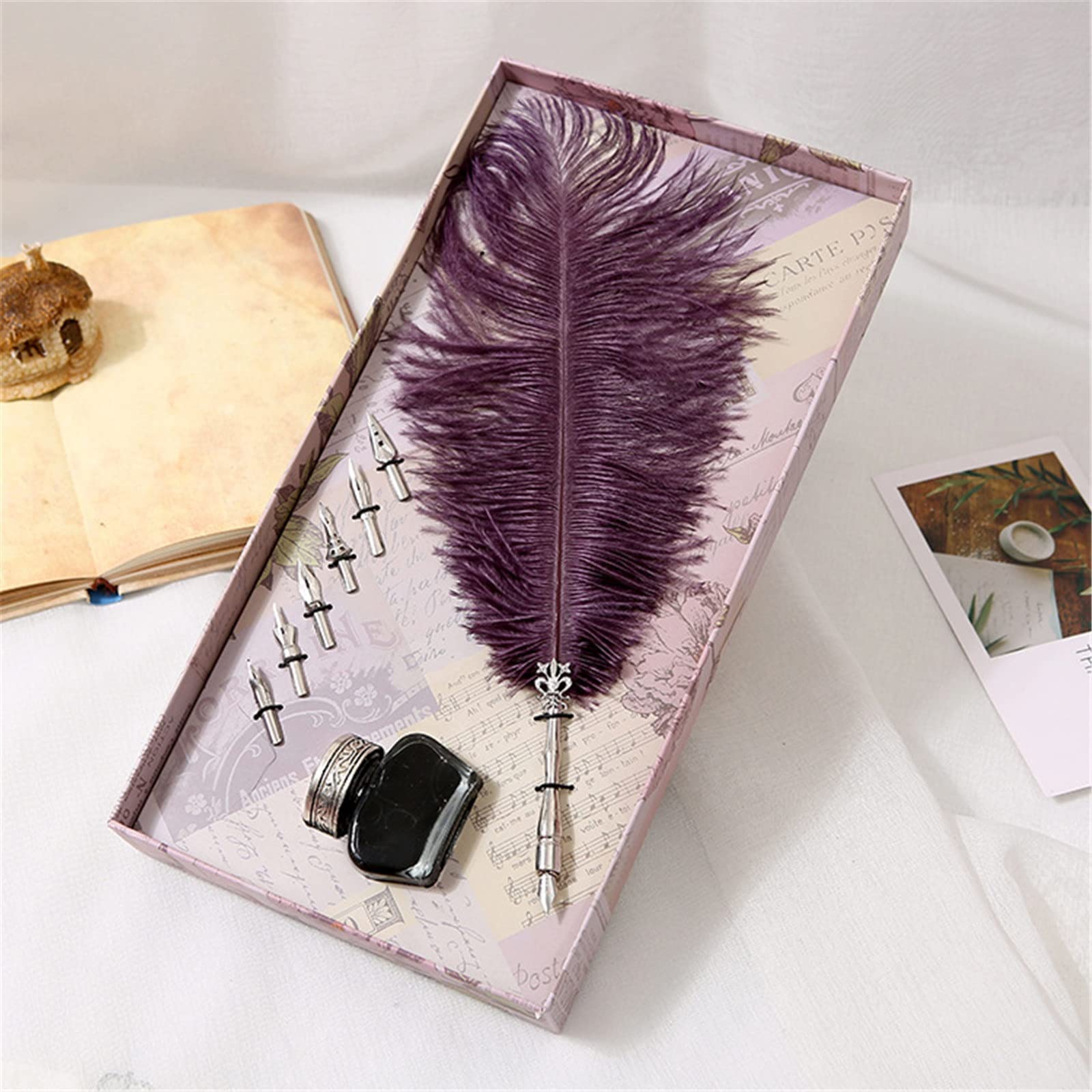 Zestaw piór do kaligrafii, Zestaw piór kaligraficznych Feather Pen Zestaw piór gęsich i atramentu(Purple)