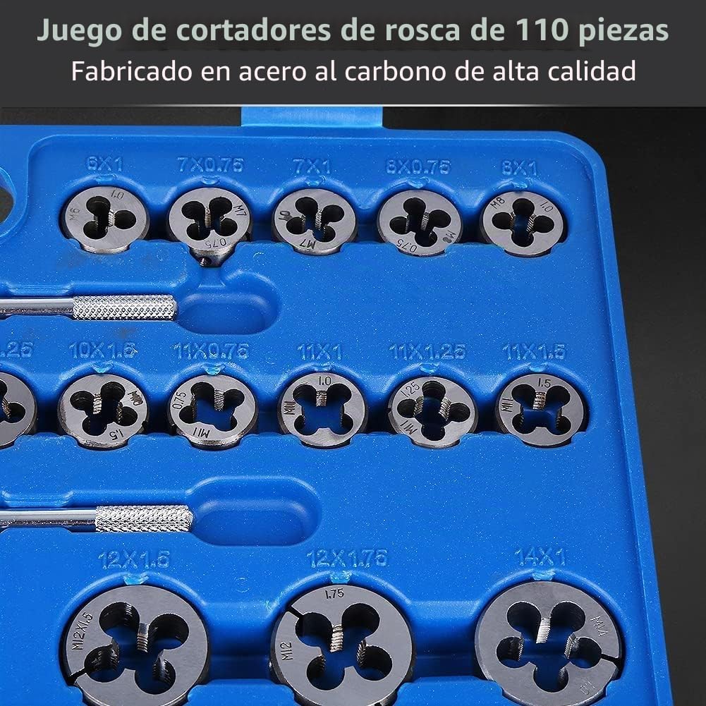 Juego profesional de 110 piezas de machos y troqueles de acero HSS de alta dureza M2-M18, juego de troqueles de rosca, multifuncional, resistente, con mango de llave y funda firme para trabajo