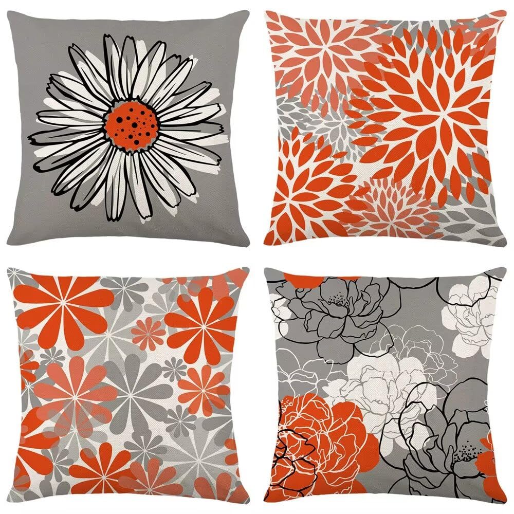 Exterieur Imperméable Housses de Coussin 40 x 40 cm Orange fleurs de Marguerite Motif Canapé Taie D'oreiller une Décoration de Printemps été Housse Coussin Extérieur pour Balcon, Jardin Lot de 4 T294