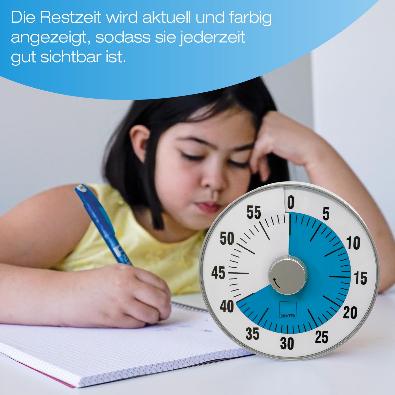 TimeTEX - Zeitdauer-Uhr L Blau| Lautloser 60 Minuten Countdown mit visuellem und akustischen Signal für Selbständigkeit | Inhalt: Batteriebetriebener Timer in Blau (Größe: ca. 19 cm ø)
