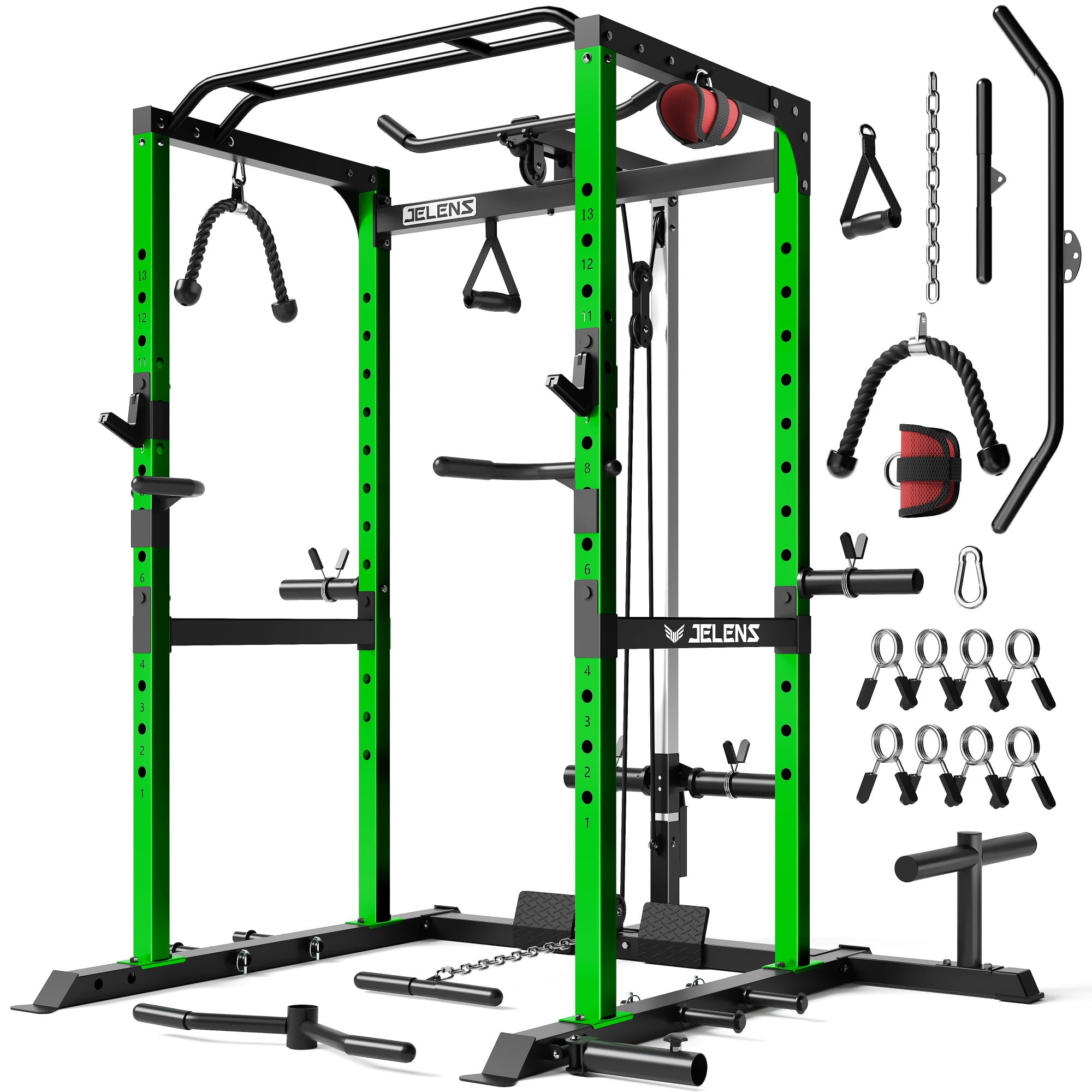 JELENS Jaula de potencia, 2000 libras multifunción S11 Power Rack con LAT Pulldown, estante para sentadillas con sistema de polea ajustable y más accesorios de entrenamiento, máquina de entrenamiento