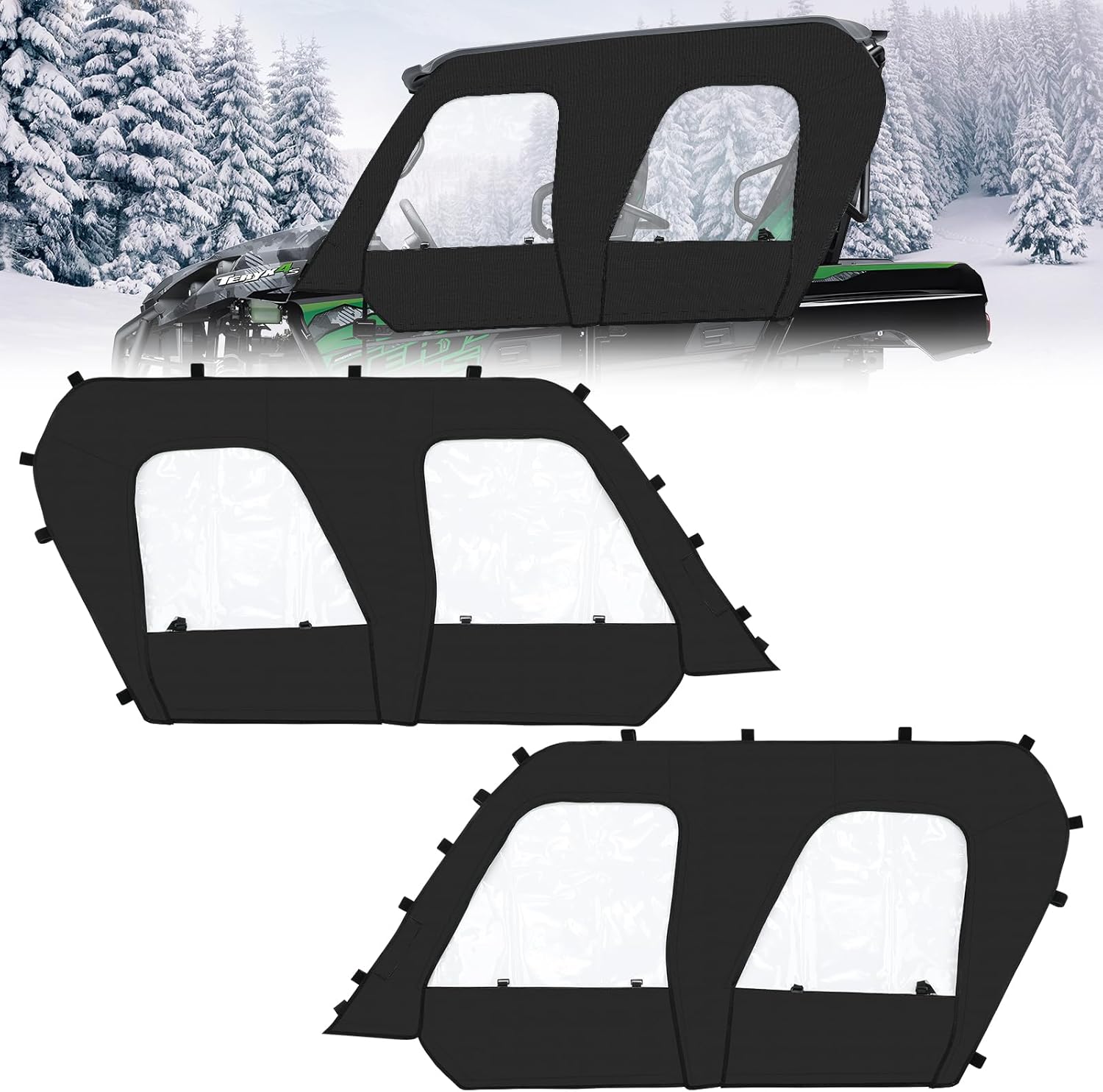 Soft Upper Door YKK Zipper Compatible with Kawasaki Teryx4 2012-2022,Teryx4 Cab Enclosures Side Windows, Work with Side Mirror Windshield Roof
