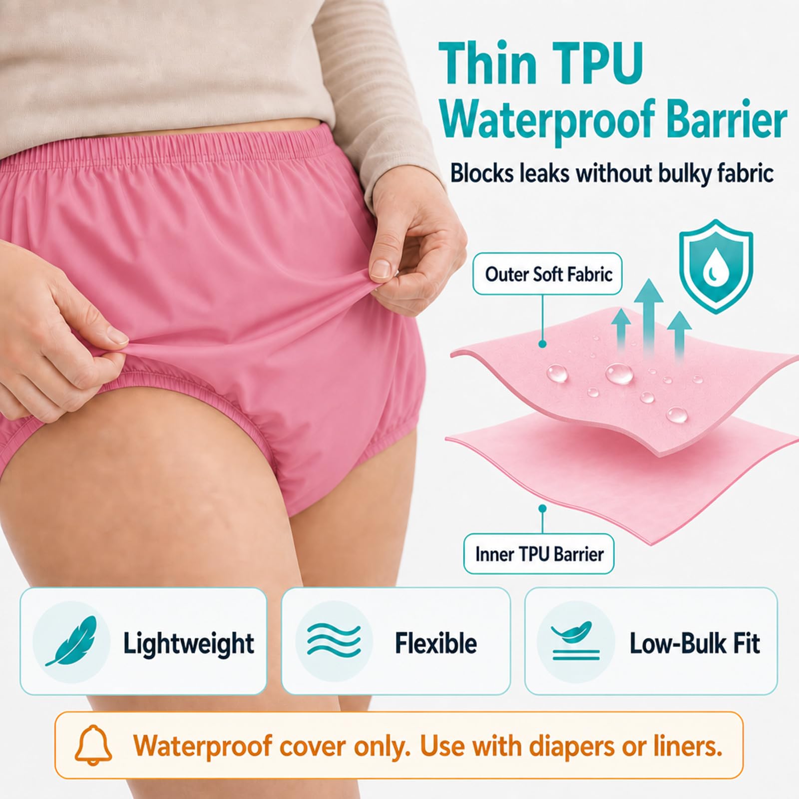AQX Lot de 2 culottes étanches pour adulte pour incontinence, lavables à faible bruit et réutilisables, en plastique gris, taille M, rose