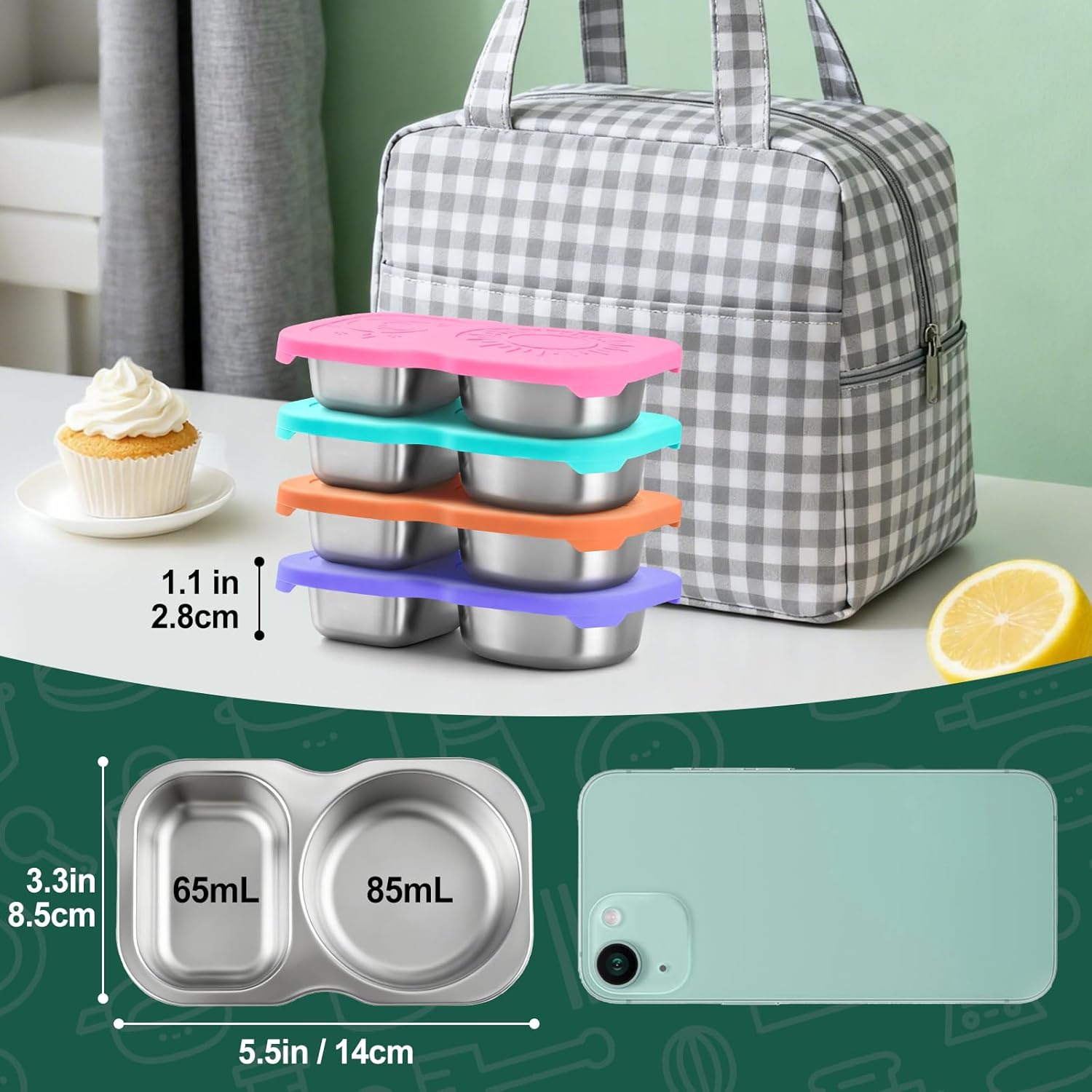 2-Pack Stainless Steel Snack Containers with Lid, Salad Dressing Container To Go, 5.3Oz 2-Compartment Small Condiment Container with Leak Proof Silicone Lid, Perfect Size Reusable Sauce Cup Snack Box - Image 3