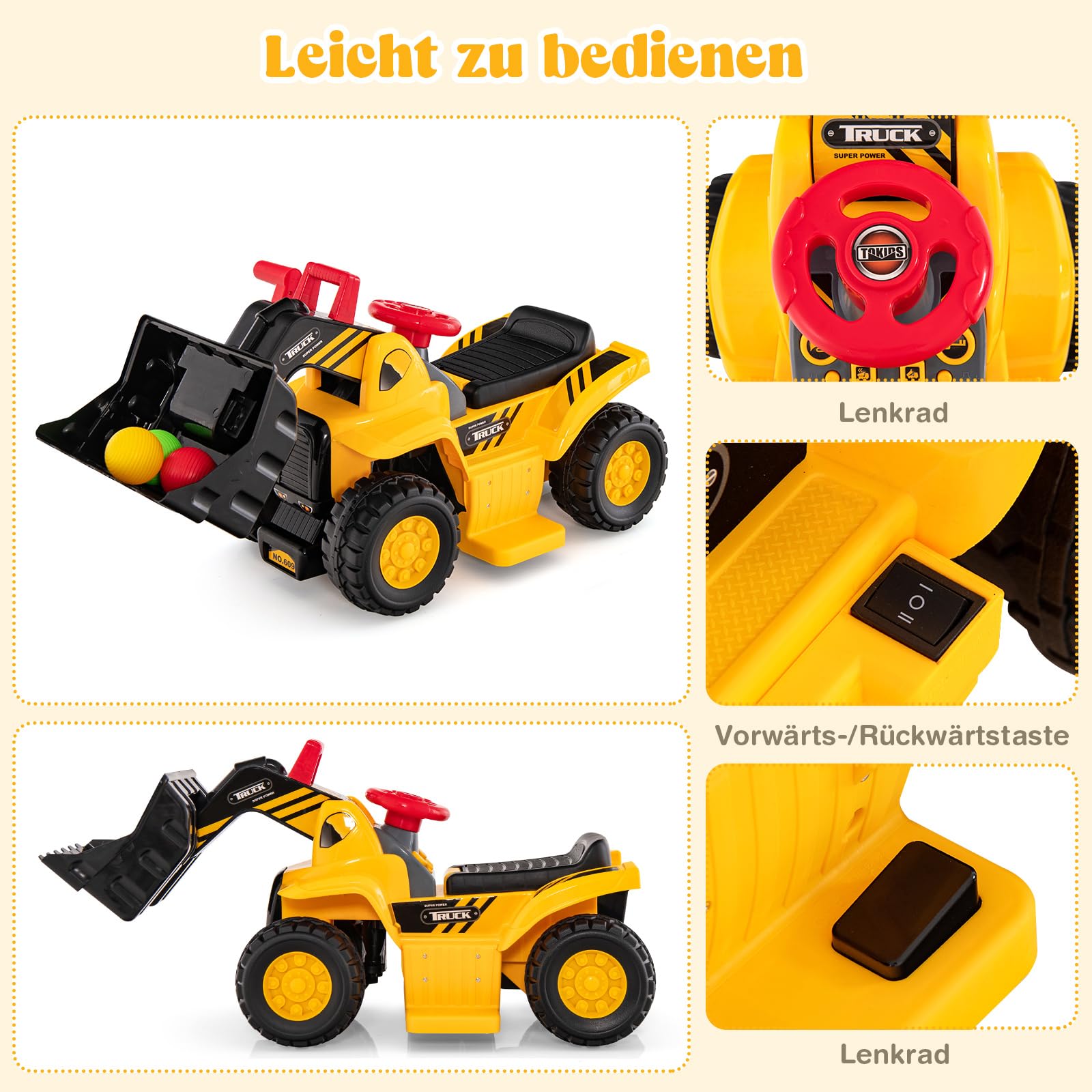 COSTWAY Sitzbagger, Kinderbagger elektrisch mit verstecktem Stauraum & Basketballkorb & 4 Sound-Tasten & 3 Bällen, Bagger zum draufsitzen, Sandbagger Aufsitzbagger für Kinder ab 2 Jahren