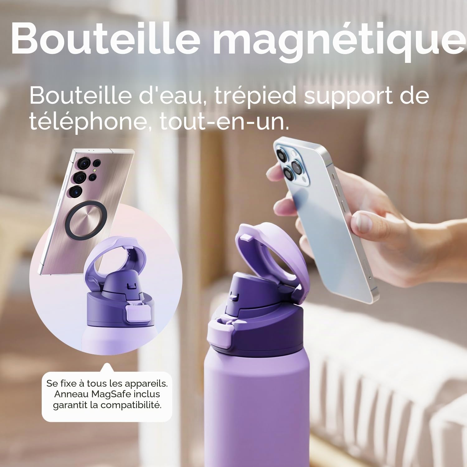 Magcheer Gourde Magnétique avec Support pour Téléphone Compatible MagSafe | Trépied Gourde à Angle Réglable | Bouteille Isotherme pour Voyages Fitness Selfies 1L(Violet)