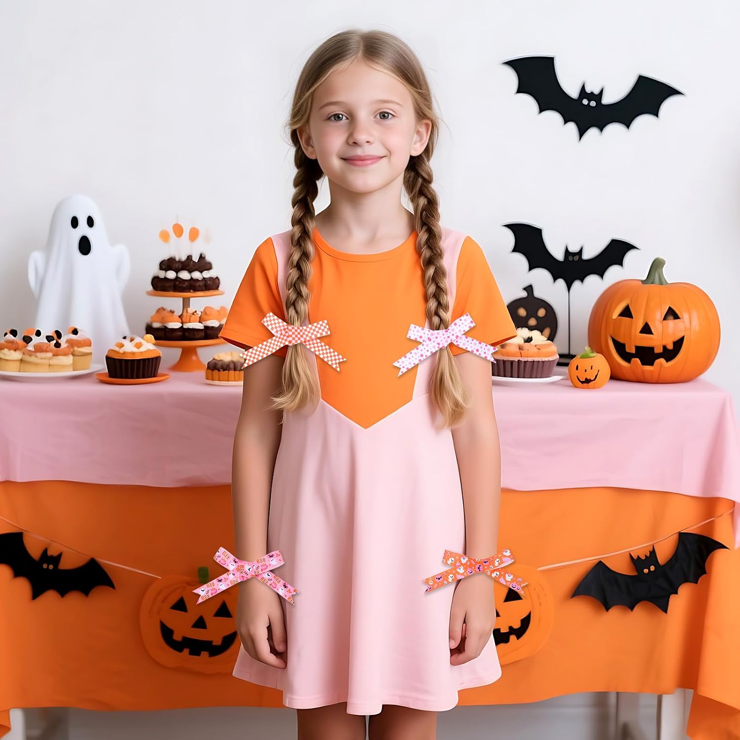 Halloween Party Grosgrain Ribbon Orange Pink for Gifts Wrapping 4 Rolls 20 Yards Fabric Ribbon for Spooky Birthday Baby Shower Boo Day Supply for Girl Women DIY Craft Wreath Bow Home Decor