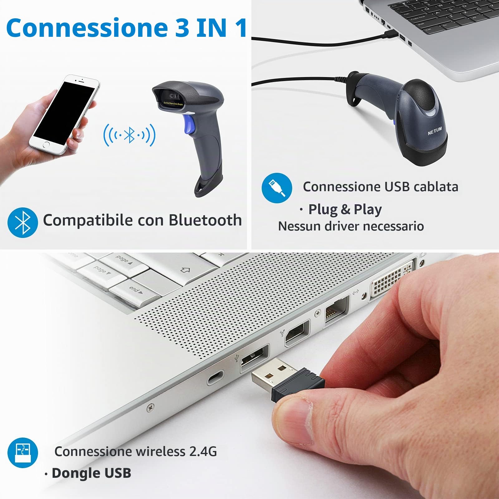 NETUM Lettore di codici a barre QR 2D con supporto, 3 in 1 Bluetooth e wireless a 2,4 GHz e USB cablato Lettore di codici a barre automatico scanner compatibile per laptop, computer, cassiere, POS
