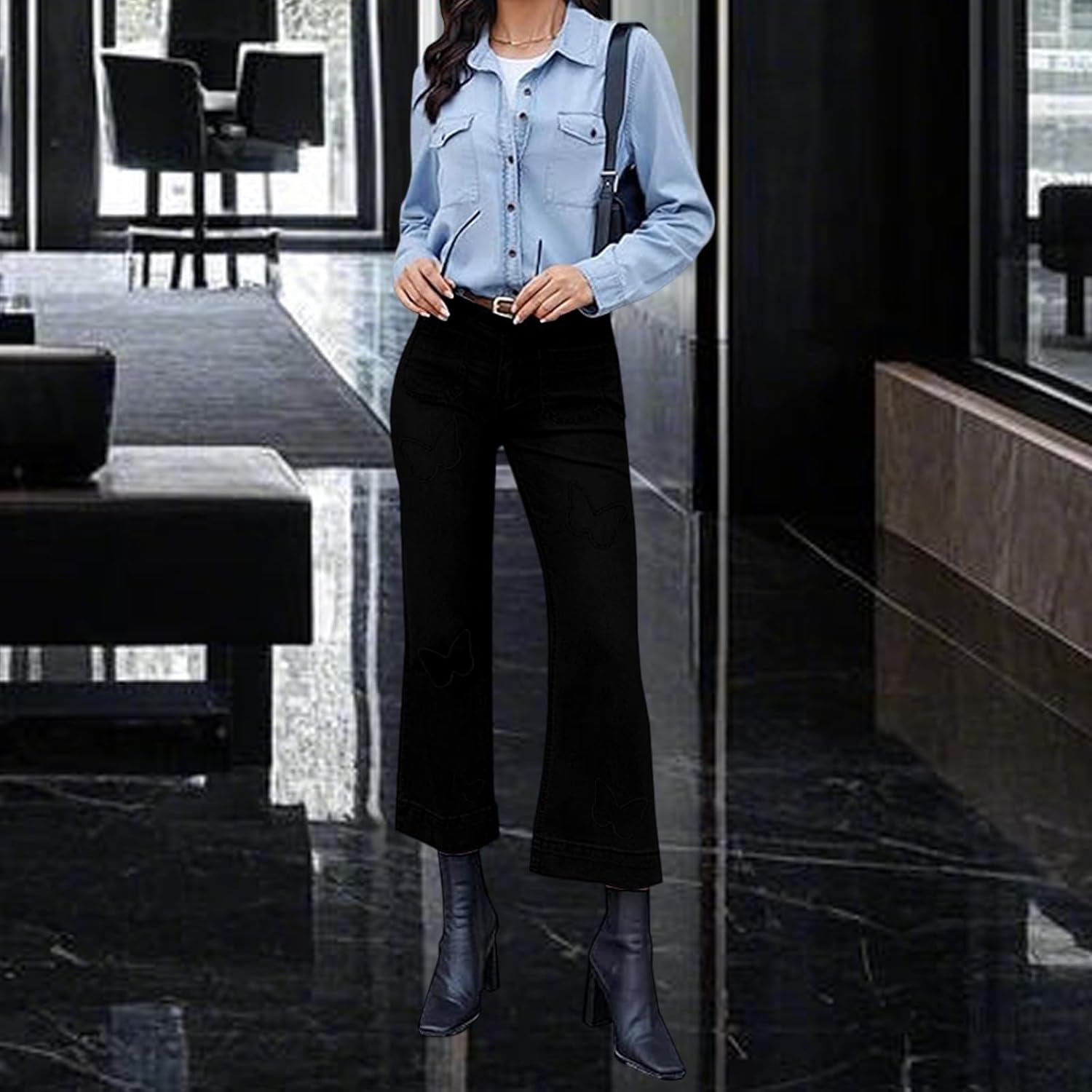 Women's Cropped Wide Leg Jeans Butterfly Elastic High Waisted Baggy Flared Jeans Trendy Stretchy Denim Pants - Image 8