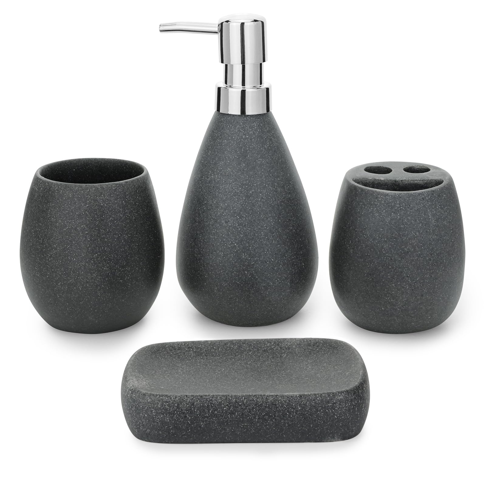 JOTOM Juego de 4 accesorios de baño modernos de lujo, juego de baño para dispensador de baño, soporte para cepillo de dientes, vaso de enjuague bucal, jabonera, color negro