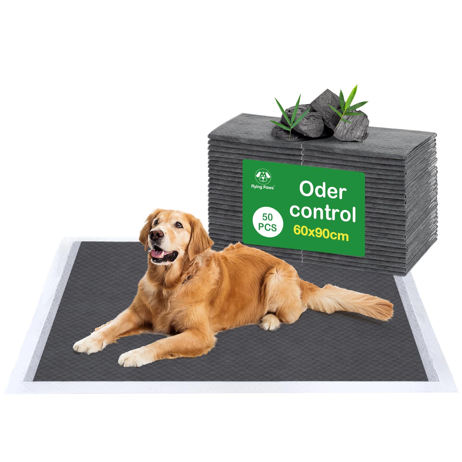 Flying Paws Black Puppy Pads 50 Pack, 60X90 Cm Super Absorbent Pet Dog Training Pads, Leakproof Pee Pad With Charcoal Odour Control, Ideal For Larger Pets Floor Protection Toilet Pee Mat Xl-50
