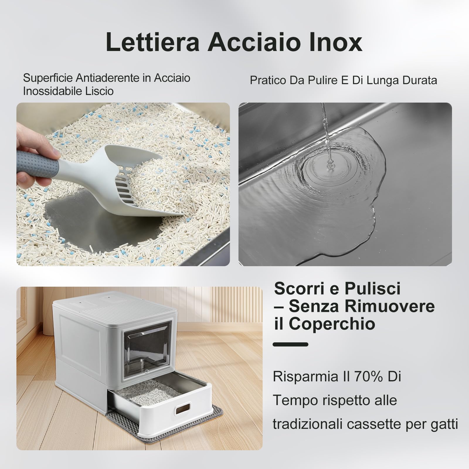 Marchul Cassetta Igienica per Gatti Chiusa in Acciaio Inossidabile con Coperchio e Design a Cassetto, con Paratie Anti-Perdite, Paletta e Tappetino, Antiodore, Con base migliorata