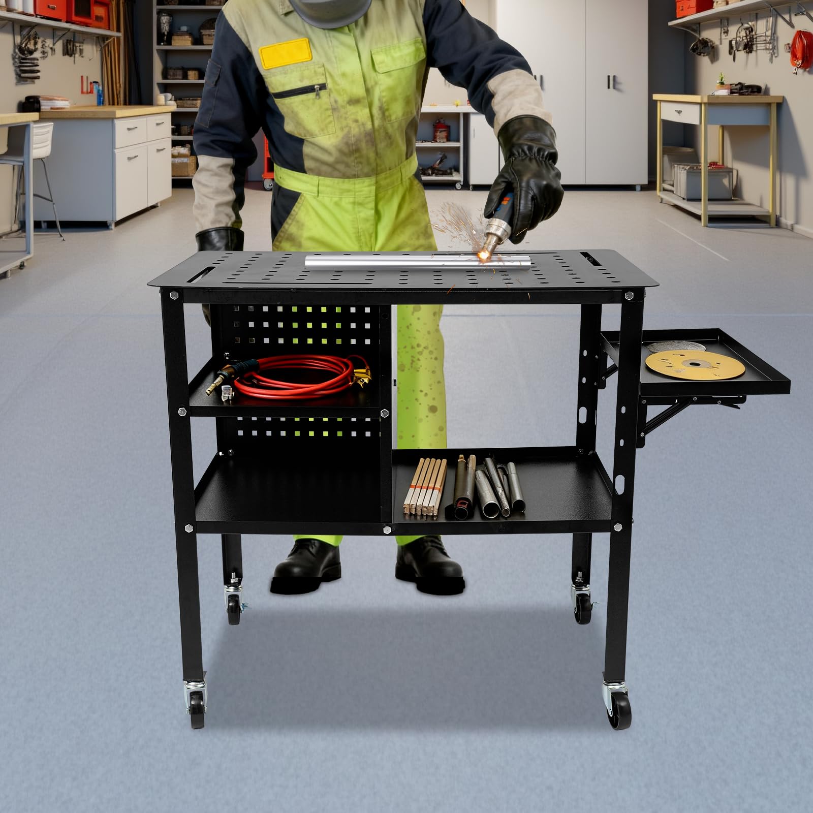 Mesa de soldadura móvil de acero, capacidad de carga de 500 kg, banco de trabajo con ruedas, mesa de trabajo con 4 ruedas, bandeja lateral plegable, placa perforada para taller, reparación de