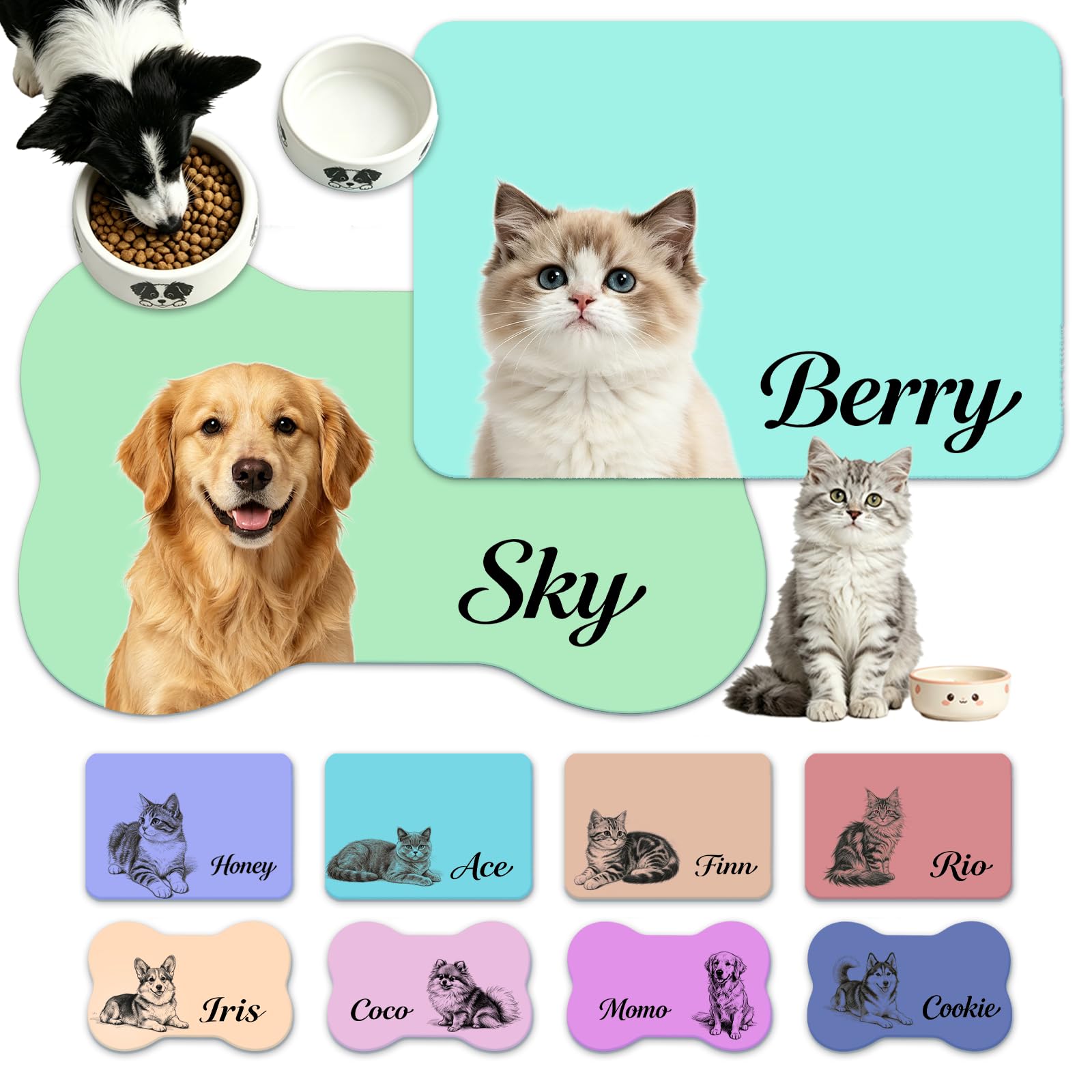 Personalized dog food mat with Name Photo Non Slip Absorbent
