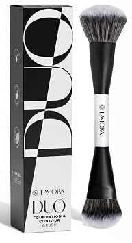 Lamora Liquid Bronzer + Contour Foundation Dual-Ended Makeup Brush - Full Face Duo Makeup Kabuki Brush for Cream or Liquid Blush Concealer Highlighter - Vegan, Cruelty-Free & Synthetic Bristles