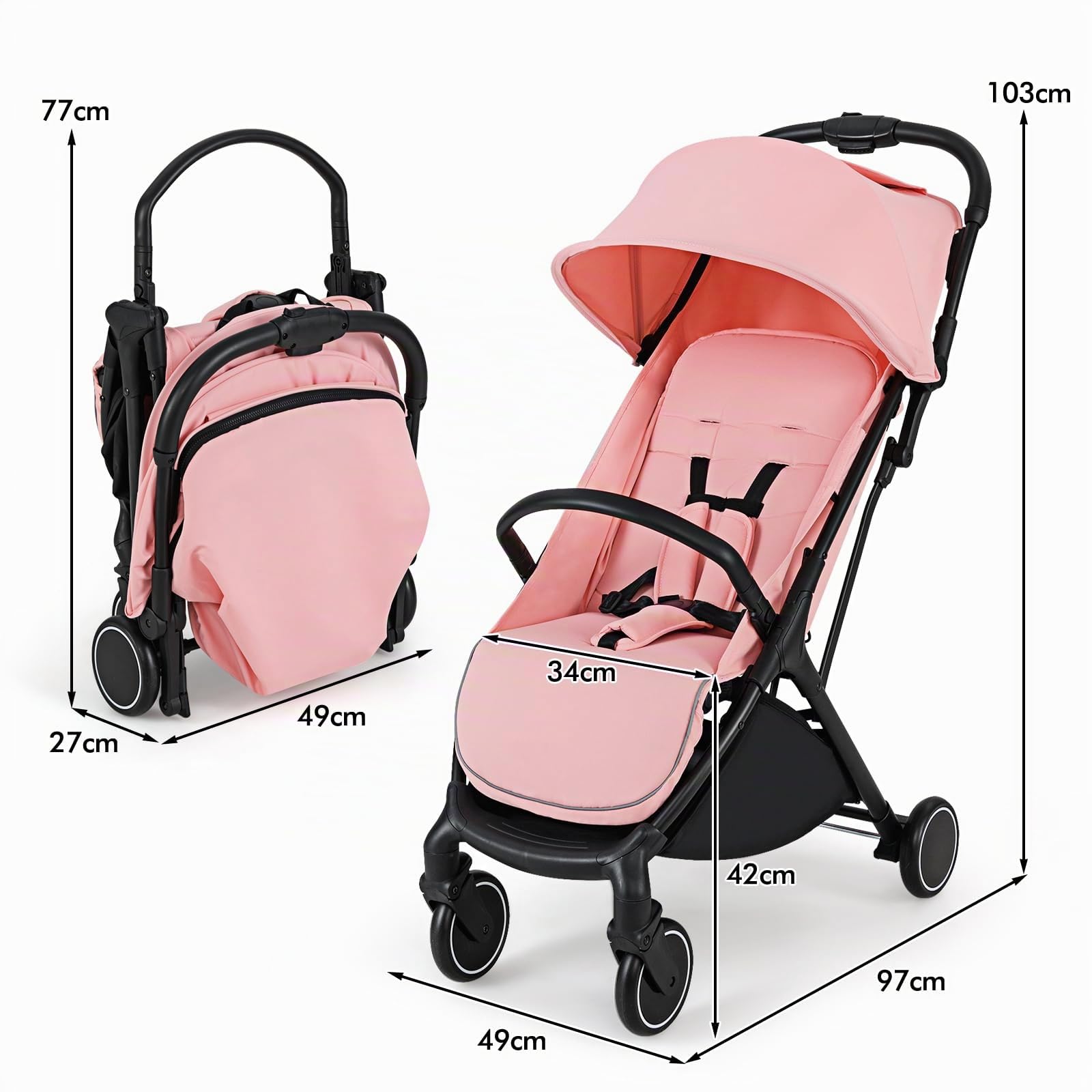 LIFEZEAL Passeggino Ultraleggero per Bambini 0-36 Mesi, Pieghevole, Portatile, Regolabile, Compatto, 6kg, Passeggino con Parasole, Cintura di Sicurezza, Freno, Cesto, per Viaggio, Aereo (rosa)