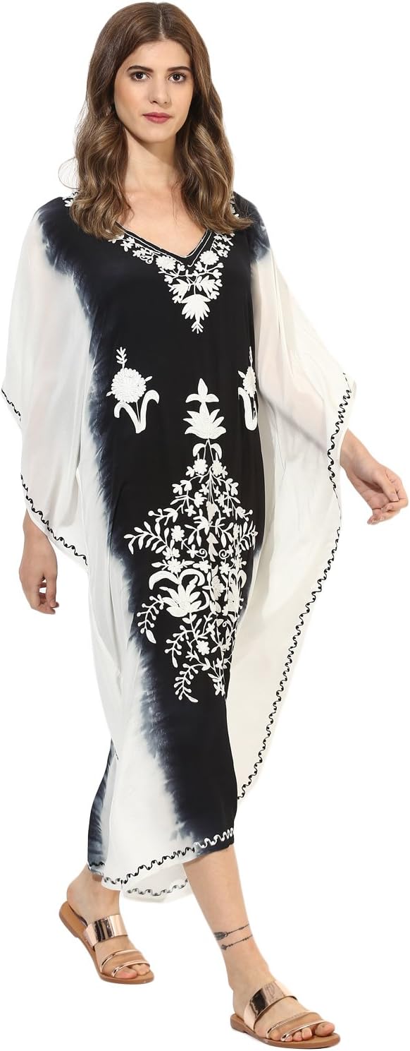 CRAFTBAZAR Women's 100% Pure Crepe Silk Boho Embroidered Kaftan (Free Size) Black