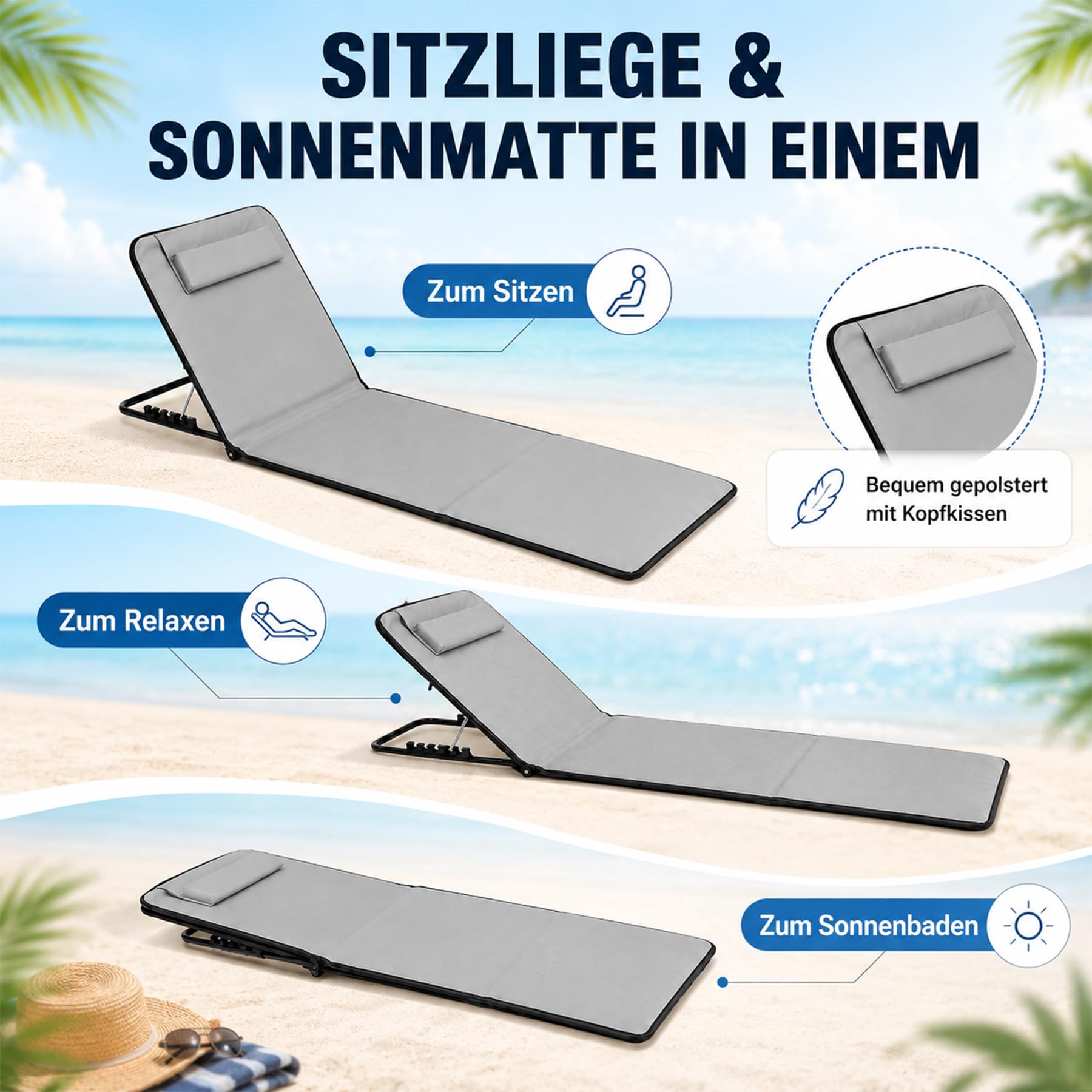 Shengruili 2Pcs Strandmatte mit Rückenlehne,Strand Liegestuhl Leicht,Strand Liege Camping mit Aufbewahrungstasche,Tragbare Sonnenliege für Strand, Camping & Garten,Platzsparend & stabil