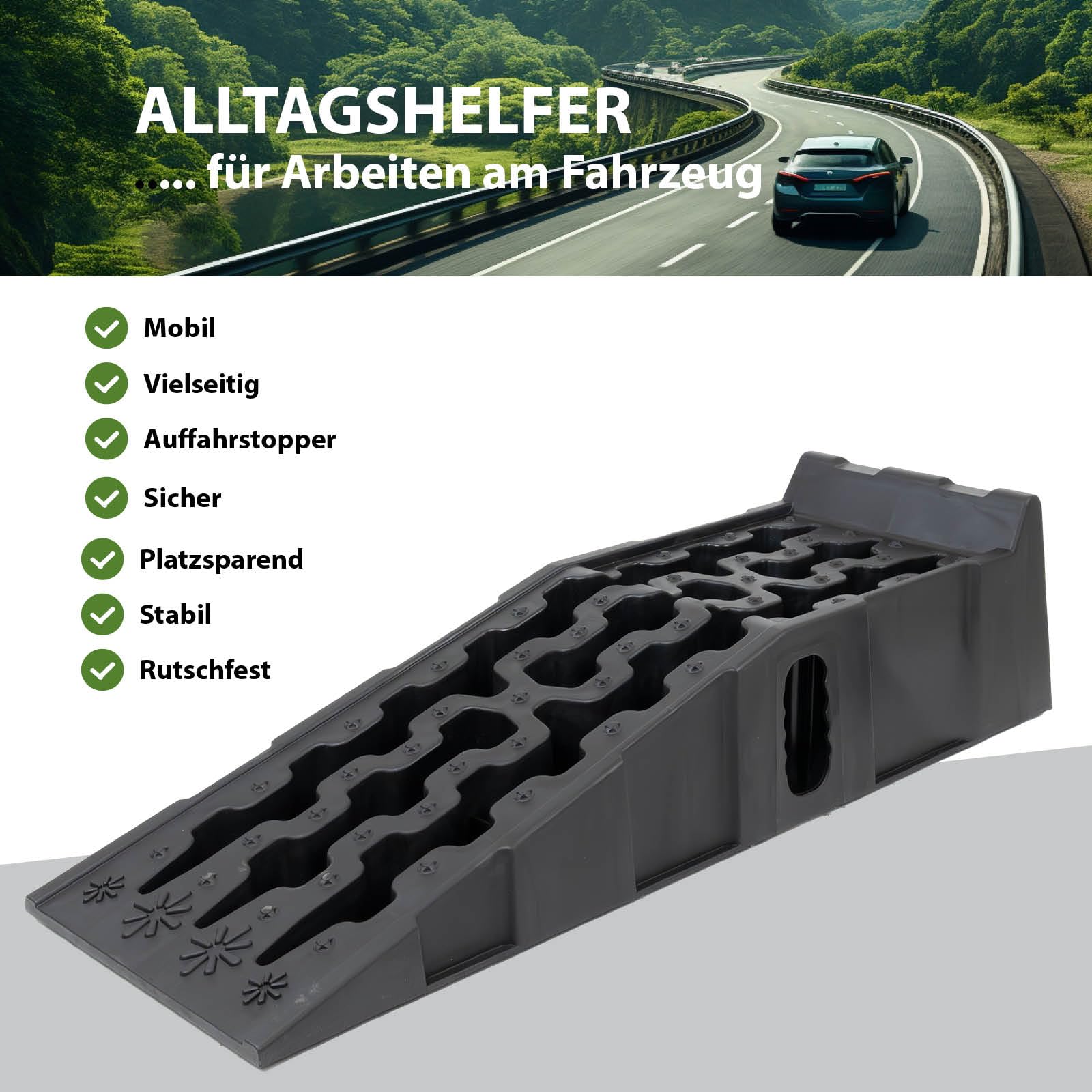 TRUTZHOLM 2 x Auffahrrampe mit Überfahrstopper 90x28x22 cm hochbelastbar 5t Traglast Kunststoff Auffahrkeil Wohnmobil PKW SUV rutschfeste Rampe für jeden Untergrund Kunststoff schwarz