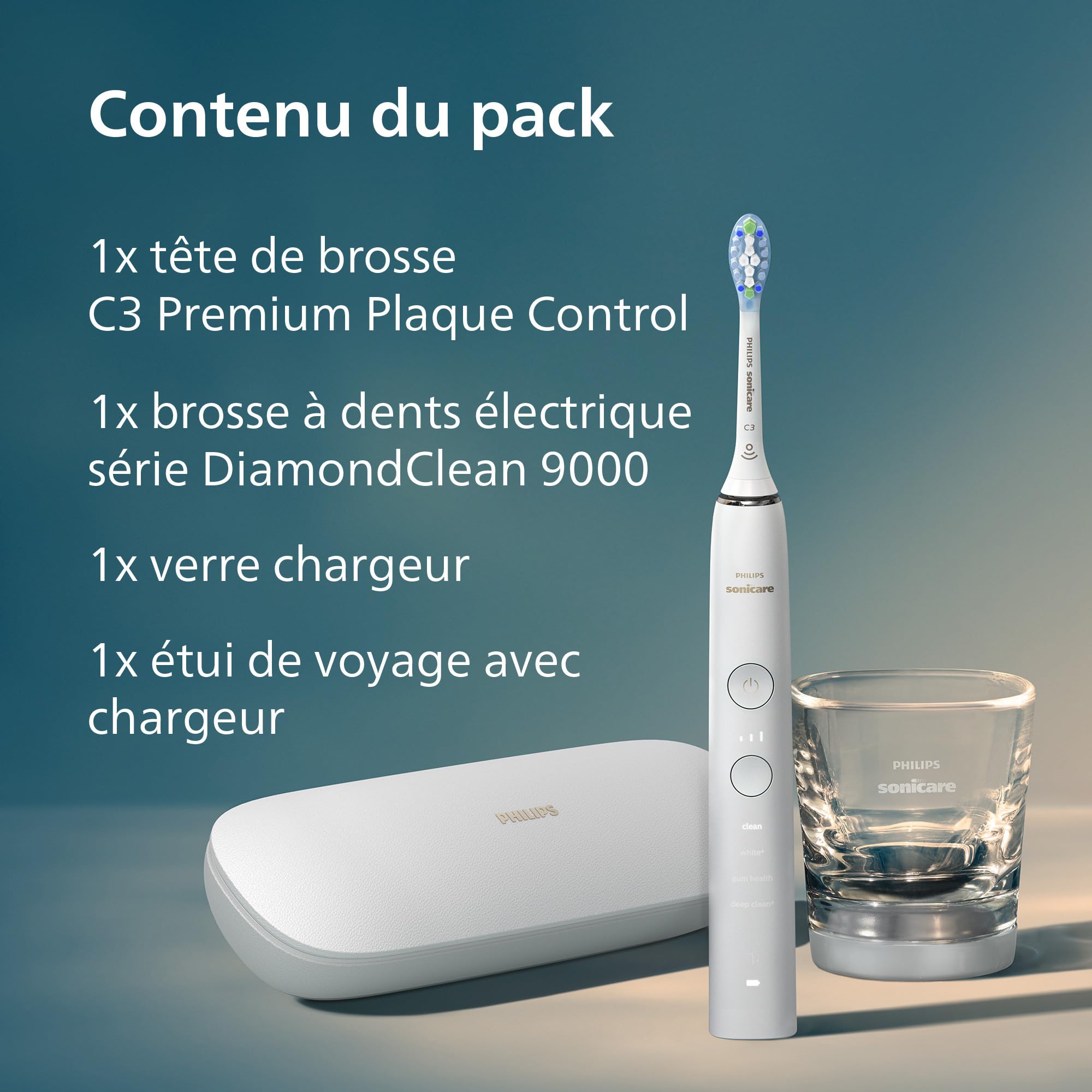 Philips Sonicare DiamondClean 9000 - Brosse à dents électrique, 4 modes de brossage, 3 niveaux d'intensité, capteur de pression, connecté à l’application, étui de voyage USB, blanc, modèle HX9911/27