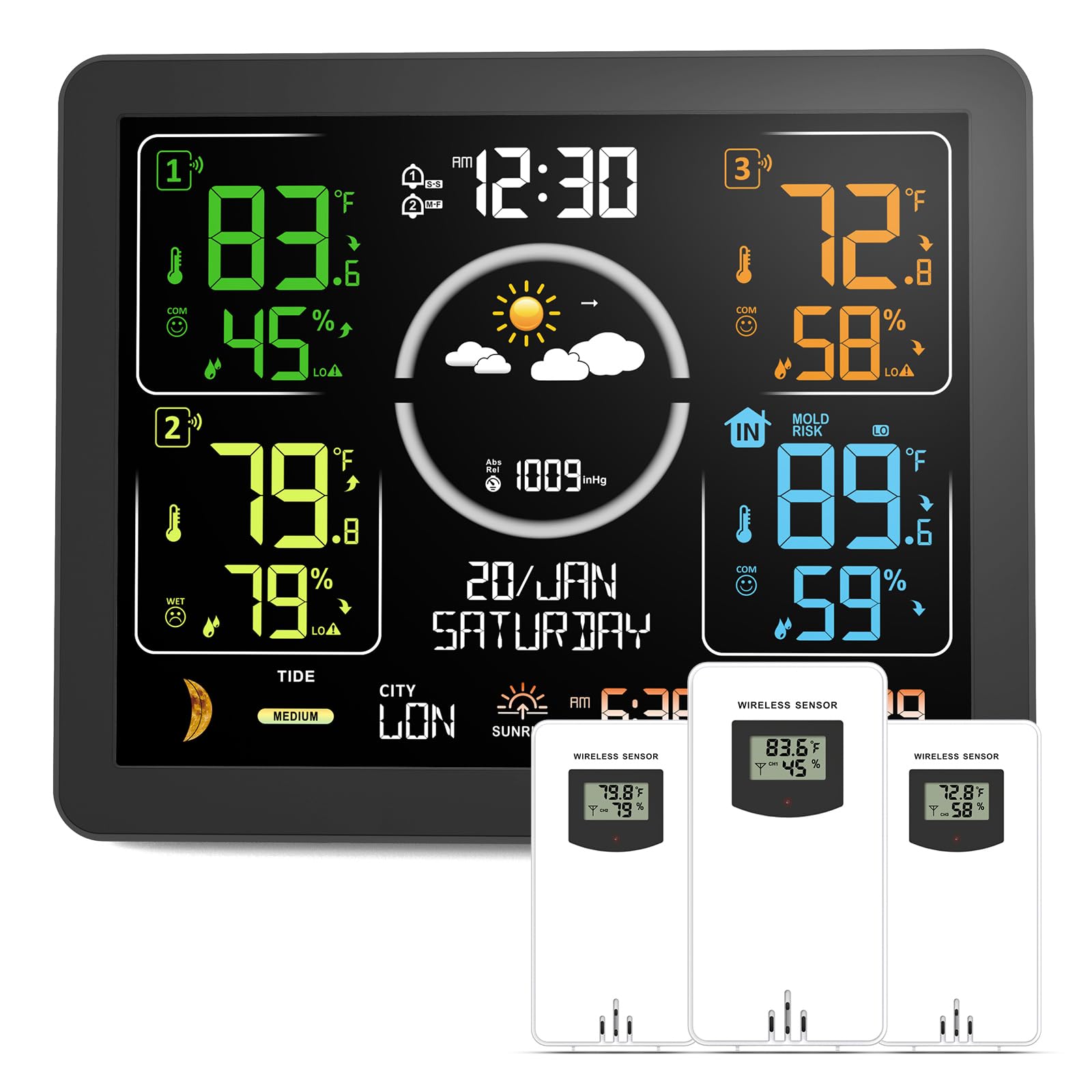 Photo 1 of Weather Stations Wireless Indoor Outdoor Thermometer with Multiple Sensors, 7.5" VA Display Weather Forecast Station with Atomic Clock, Temperature, Humidity and Adjustable Backlight for Home