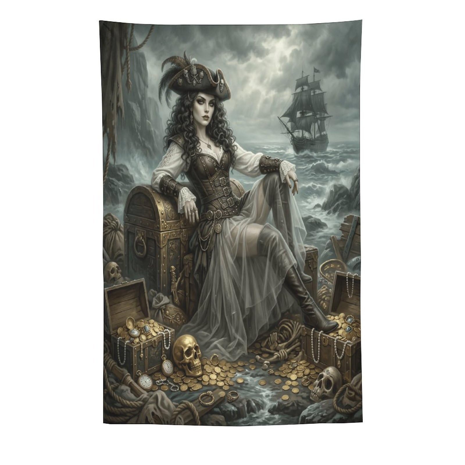 W7C8U2X3 Pirate Queen Treasure Chest Wall Tapestry, Stormy Ship