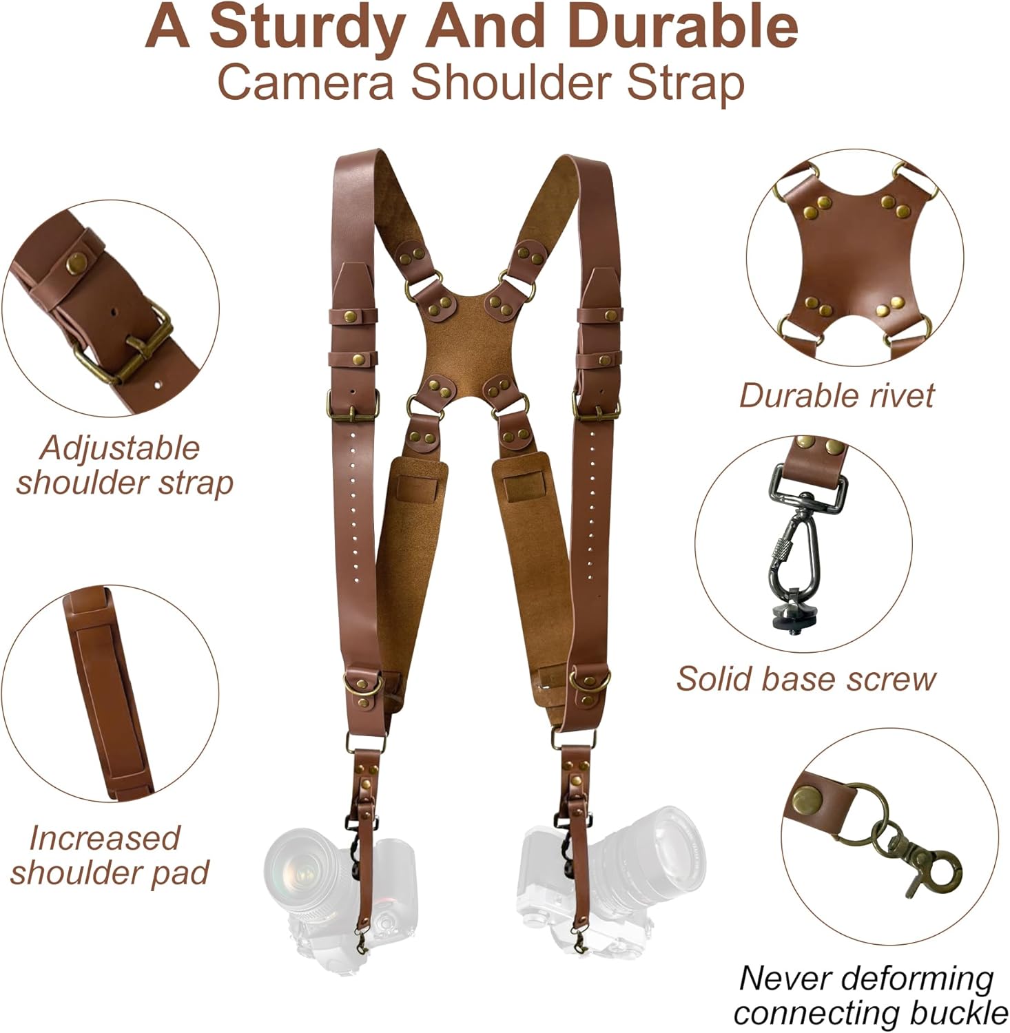 Double Camera Strap, Shoulder Camera Strap Harness Leather Dual Camera Strap for Two DSLR/SLR Cameras, Adjustable