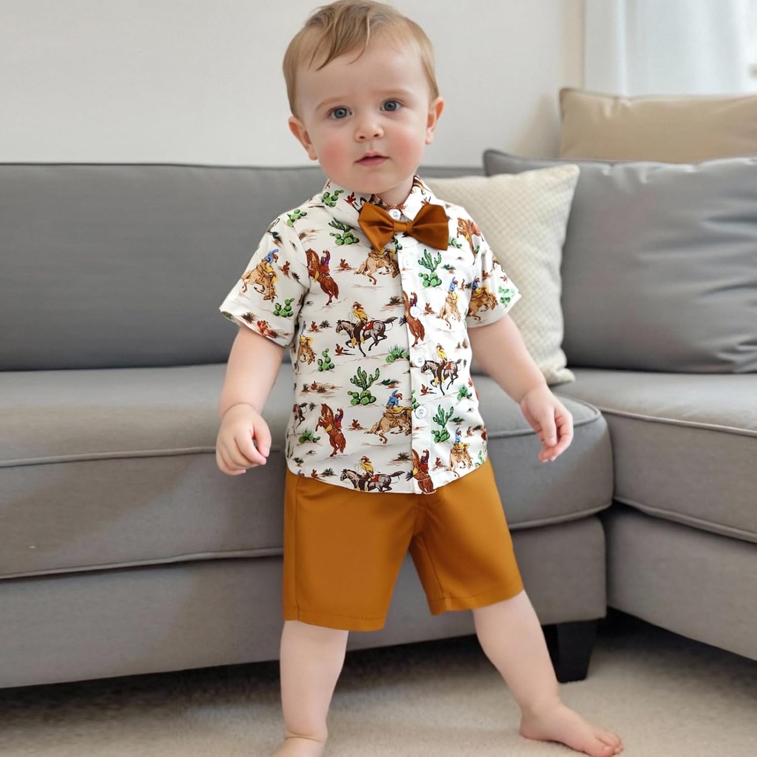 Toddler Boy Western Summer Clothes Riding Horse Button Down Short Sleeve Shirt and Shorts Set Country Baby Clothes - Image 4