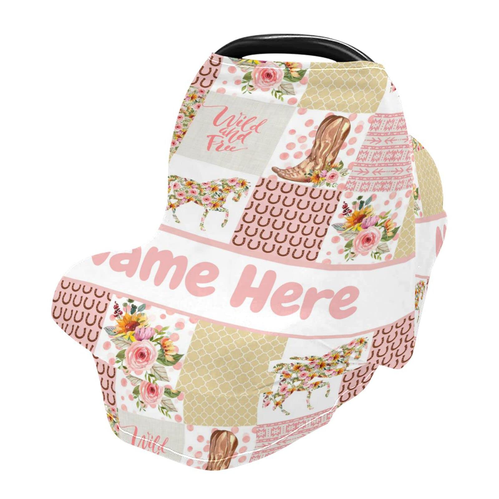 Personalized Floral Horse Baby Car Seat Cover for Babies with Name, Custom Rose Pink Baby Car Seats Canopy for Girls, Nursing Breastfeeding Stroller Covers Infant Car Seat Blanket for Newborn