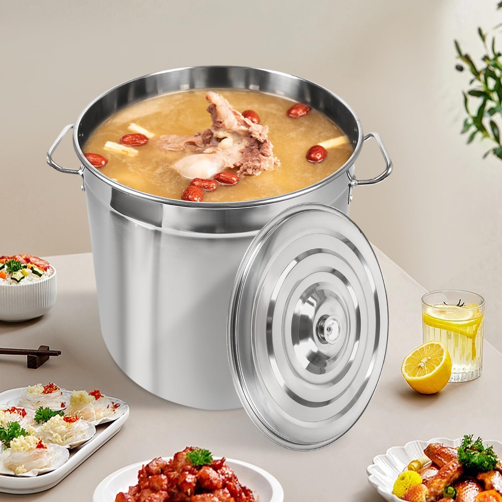 Ollas para sopa Olla de cocina grande, 50L Olla de acero inoxidable inducción con asas fuertes y tapa, grosor 3 mm, olla para sopa para todos los tipos de fogones y cocinas grandes