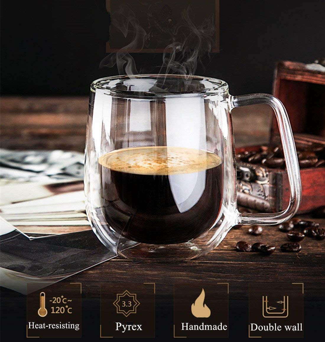 Baskety Glass Coffee Mugs - 250ml Double Walled Insulated Mug with Handle, Perfect for Latte, Americano, Cappuccinos, Tea Bag, Beverage. (Pack of 2) 2