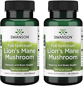 Swanson Lion's Mane Mushroom Capsules - 500 mg Each, 60 Capsules - Herbal Supplement Supporting Cognitive Function (2 Pack)