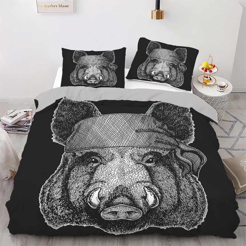 Housse de Couette 220x240 Sanglier Noir avec 2 Taies d'Oreiller