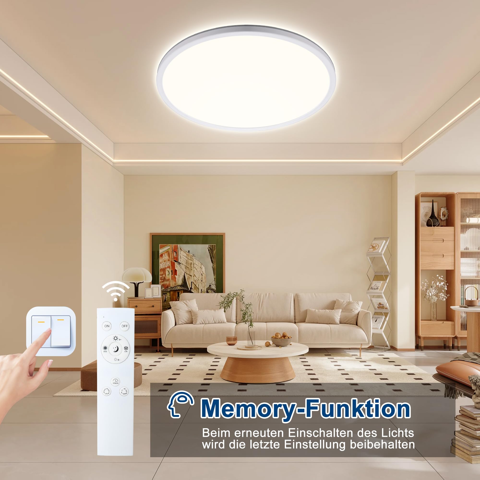 ONDTA LED Deckenleuchte Dimmbar 45W, 2700K-6500K 6700LM Deckenlampe Wohnzimmer, IP44 Küchenlampe Badezimmer Lampe Deck, Ultra Dünn LED Panel für Küchen Schlafzimmer, Weiß Rund Ø57 CM