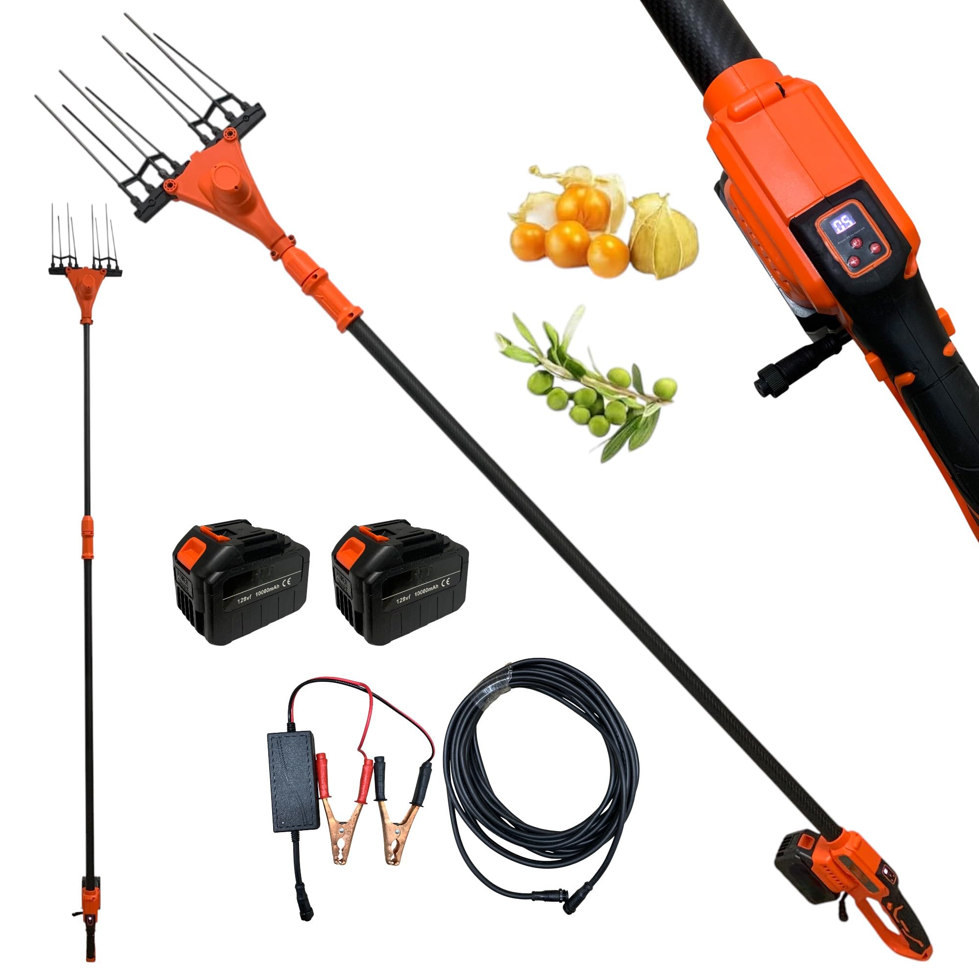 Abbacchiatore Scuotiolive Elettrico Multifunzione a Batteria e Alimentazione 12V con Doppia Batteria da 128Vf 10000mHa Motore 140W 5 Velocità 800-1250BPM Display Digitale Pettine in Fibra di Carbonio
