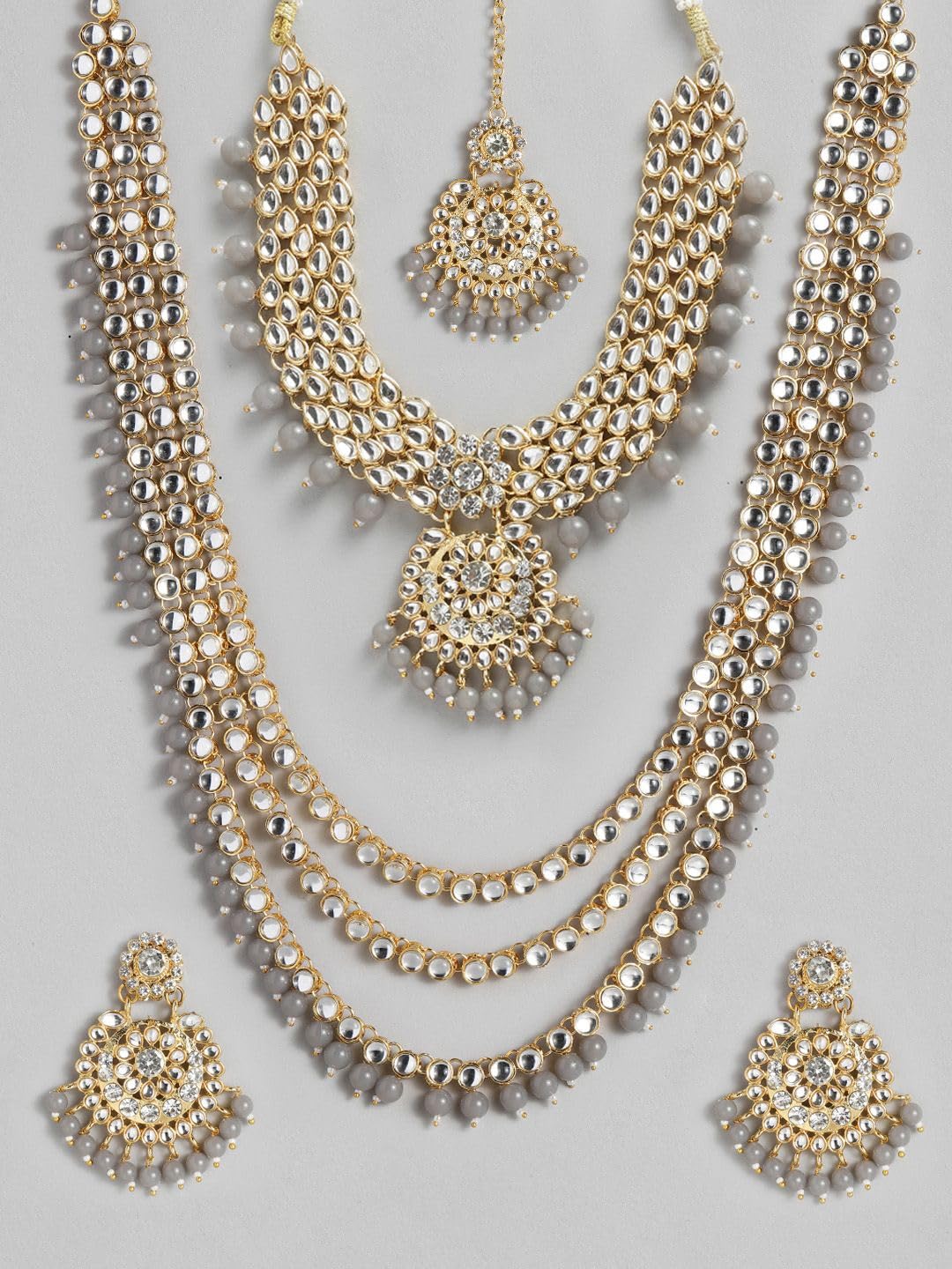 DMZ-3863 - Juego de collar de novia Kundan chapado en oro de 18 quilates para mujer, color gris, S, Latón