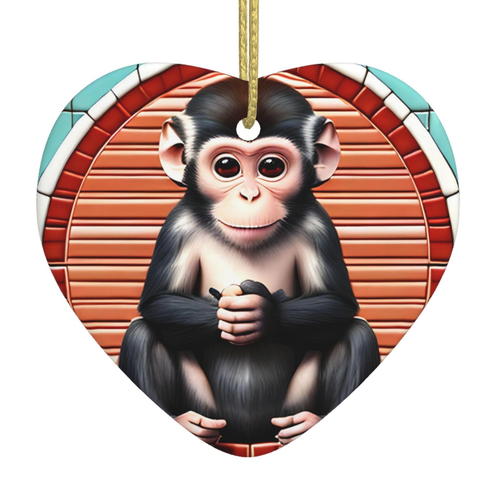 The Silent Monkey Ceramic Christmas Heart Pendant with Silk Thread, Christmas Tree Home Decoration